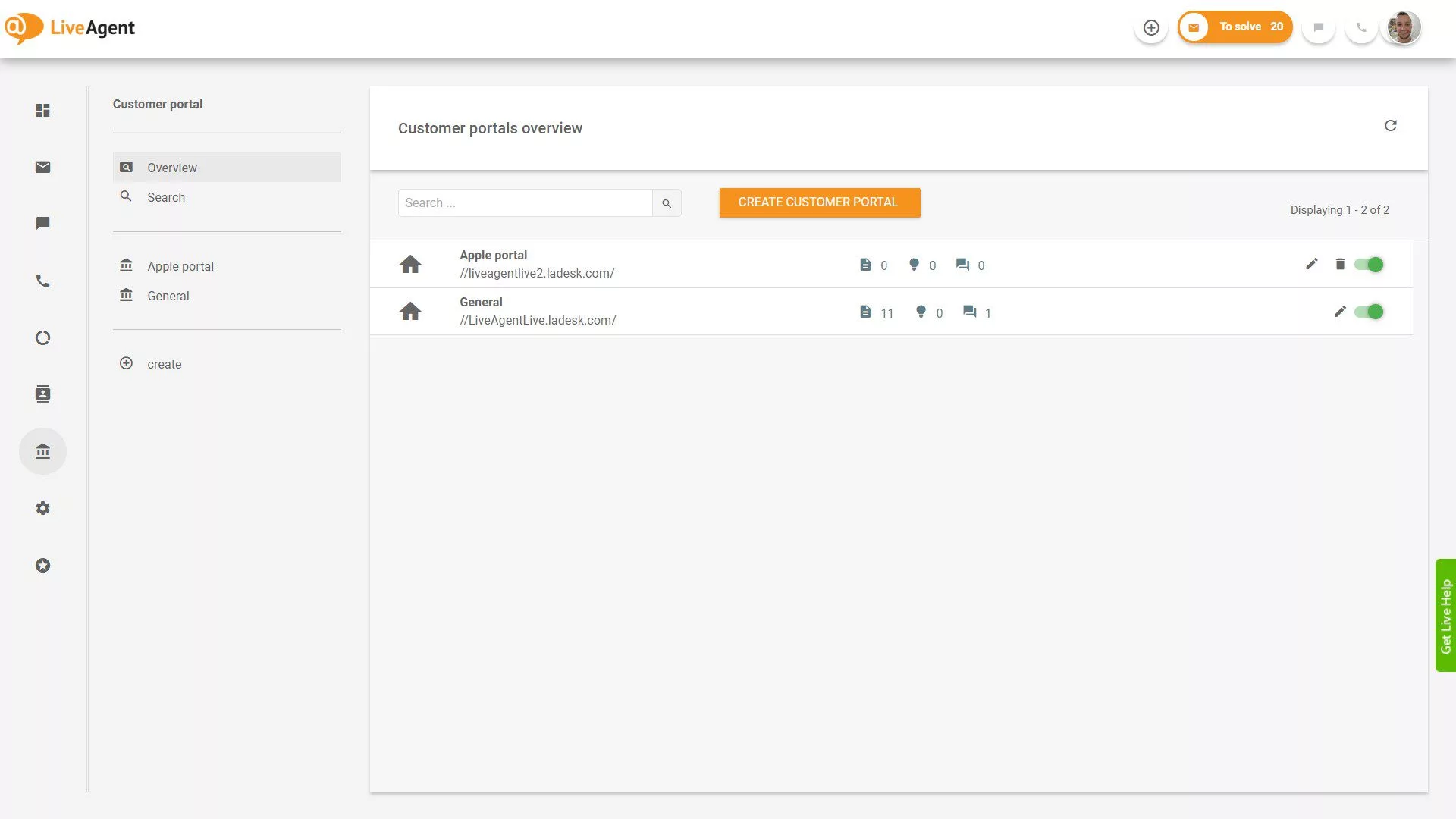 Przegląd zgłoszeń LiveAgent wewnątrz aplikacji