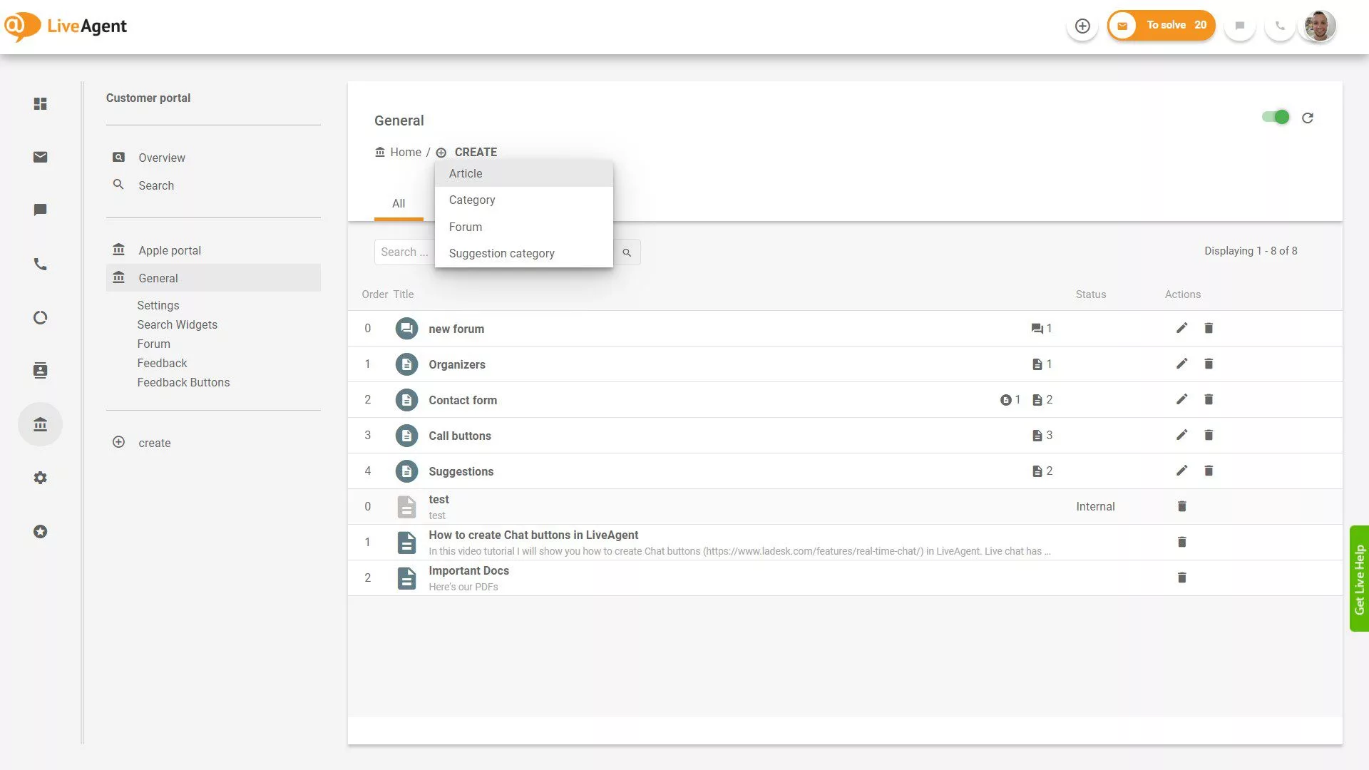 Przegląd zgłoszeń LiveAgent wewnątrz aplikacji