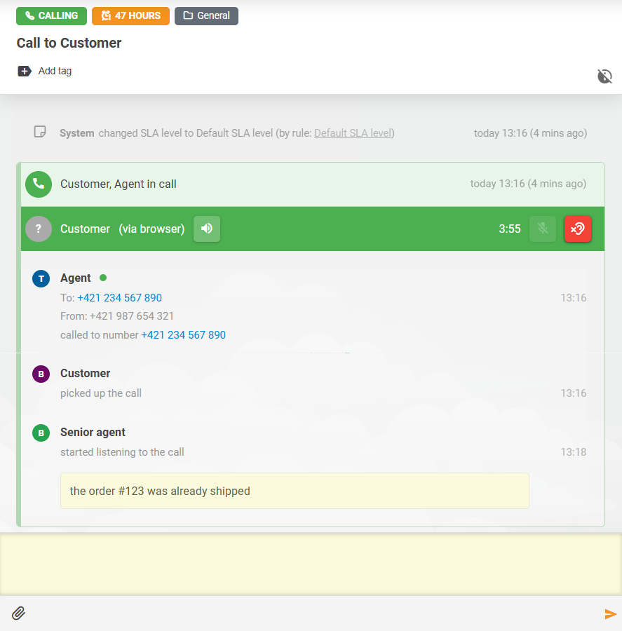Funkcja Call Listening LiveAgent z interakcją notatek między agentami