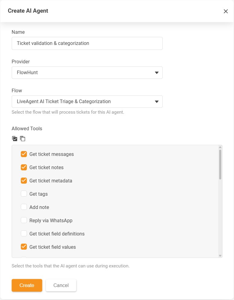 Okno dialogowe LiveAgent Create AI Agent z listą Allowed Tools dopuszczalnych działań