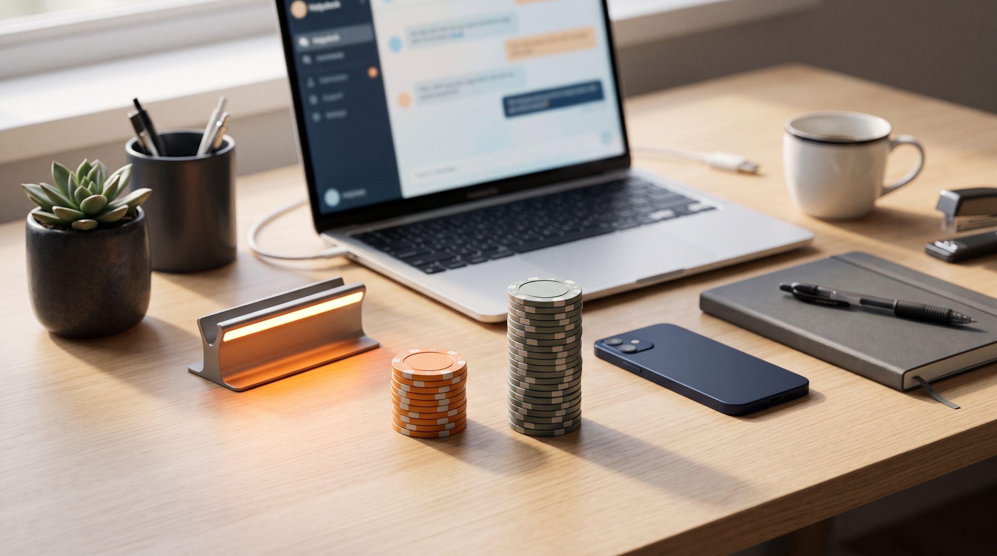 Biurko z laptopem wyświetlającym interfejs czatu help desk, obok ułożone pomarańczowe i szare żetony pokerowe symbolizujące koszty LiveAgent i Zendesk