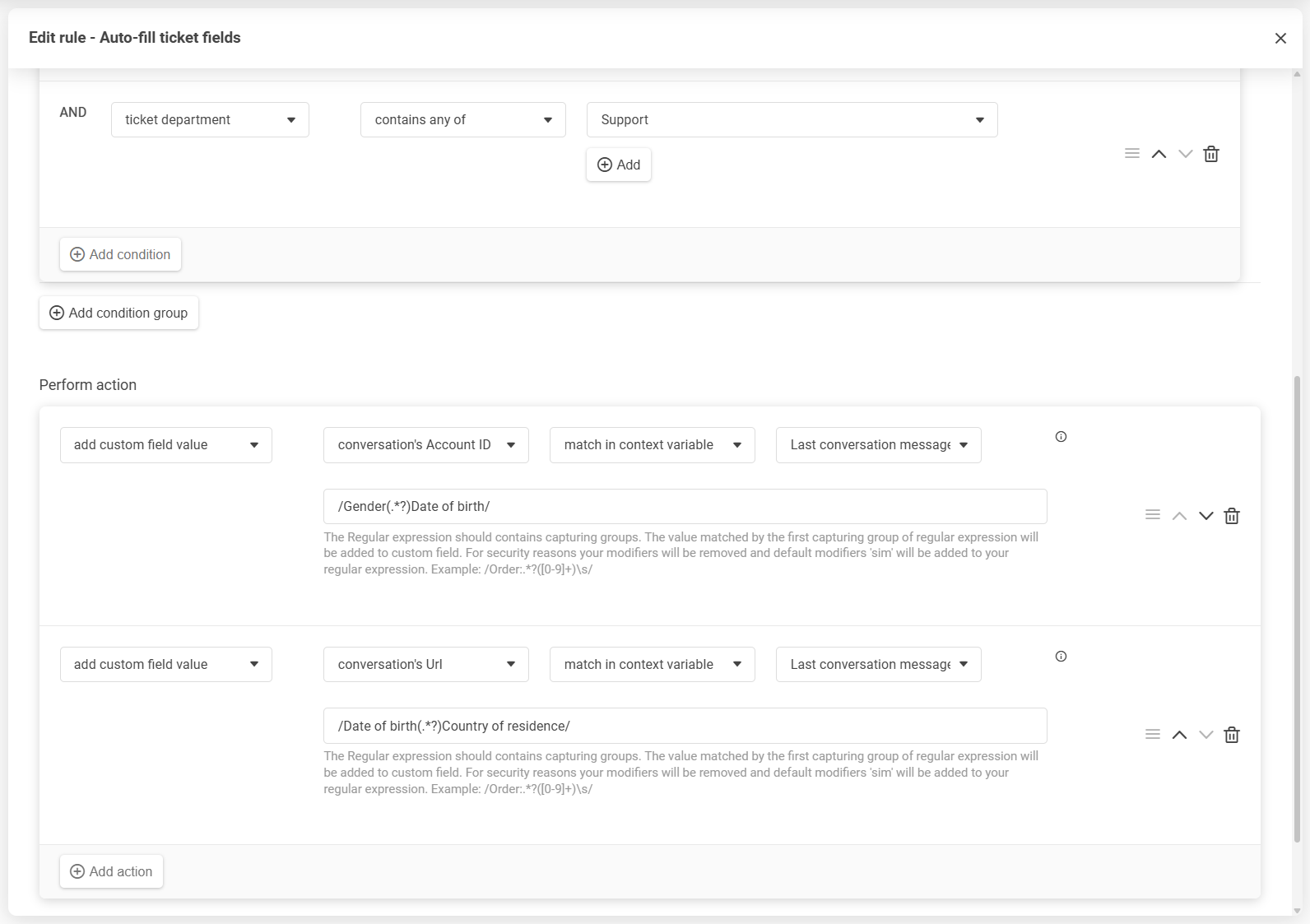 Edytor reguł LiveAgent z możliwością zmiany kolejności warunków i akcji metodą przeciągania i upuszczania