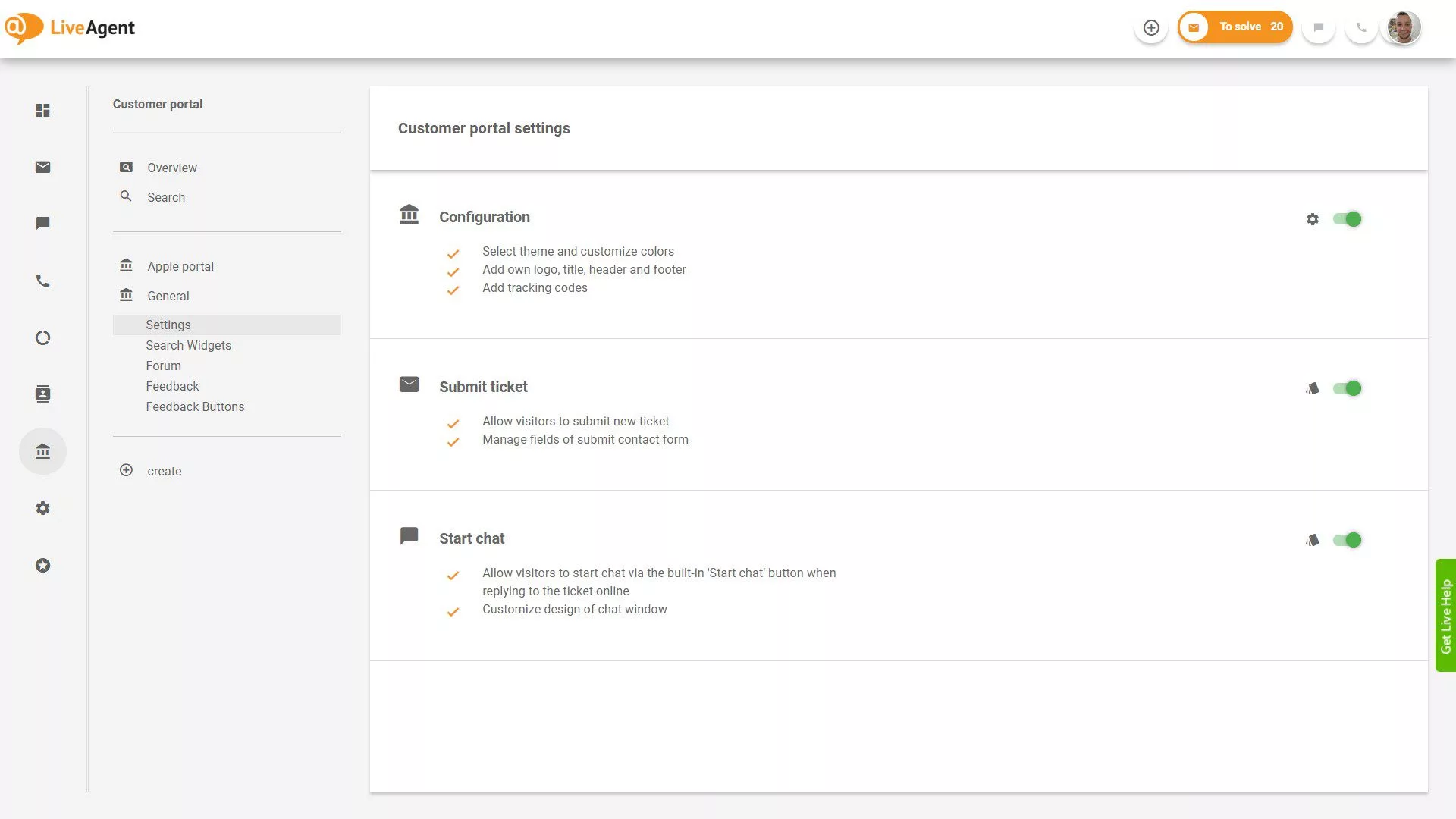 Przegląd zgłoszeń LiveAgent wewnątrz aplikacji