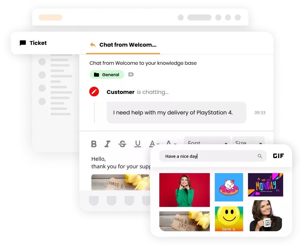 Interfejs systemu ticketingu LiveAgent pokazujący GIF-y w tickecie.