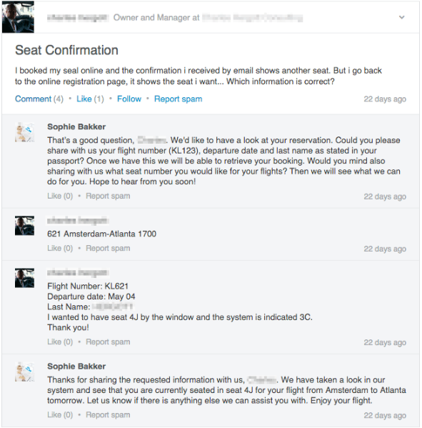 Odpowiedź KLM Airlines na pytanie klienta na LinkedIn
