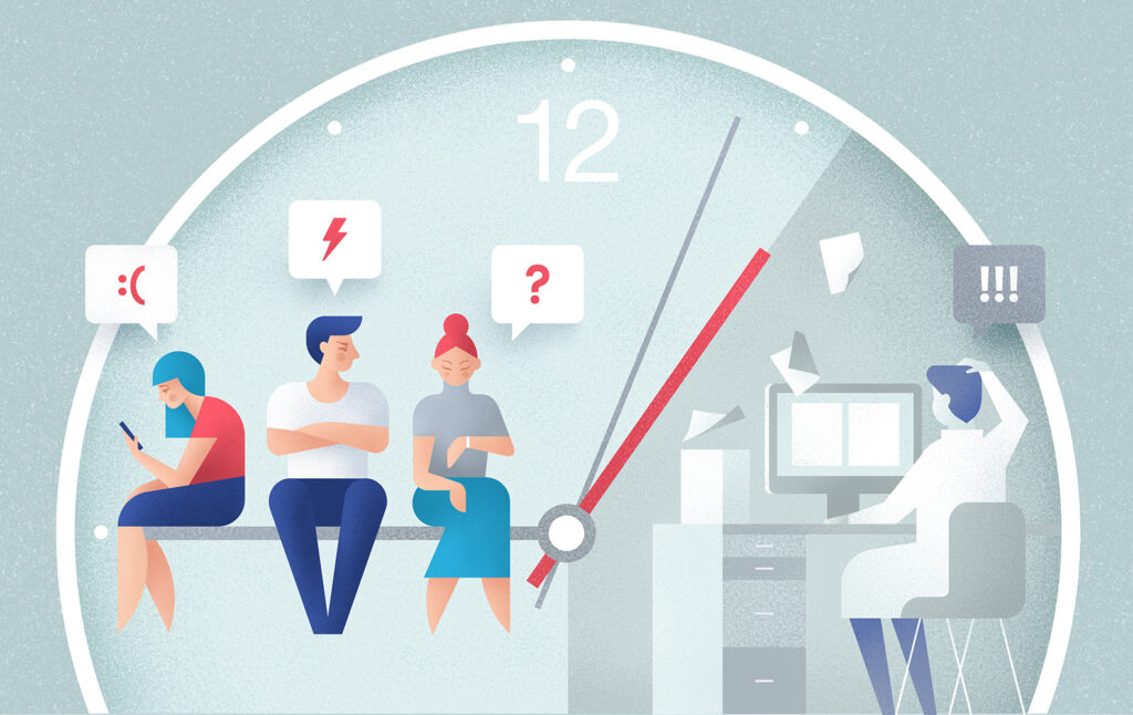 Ilustracja klientów czekających na obsługę klienta