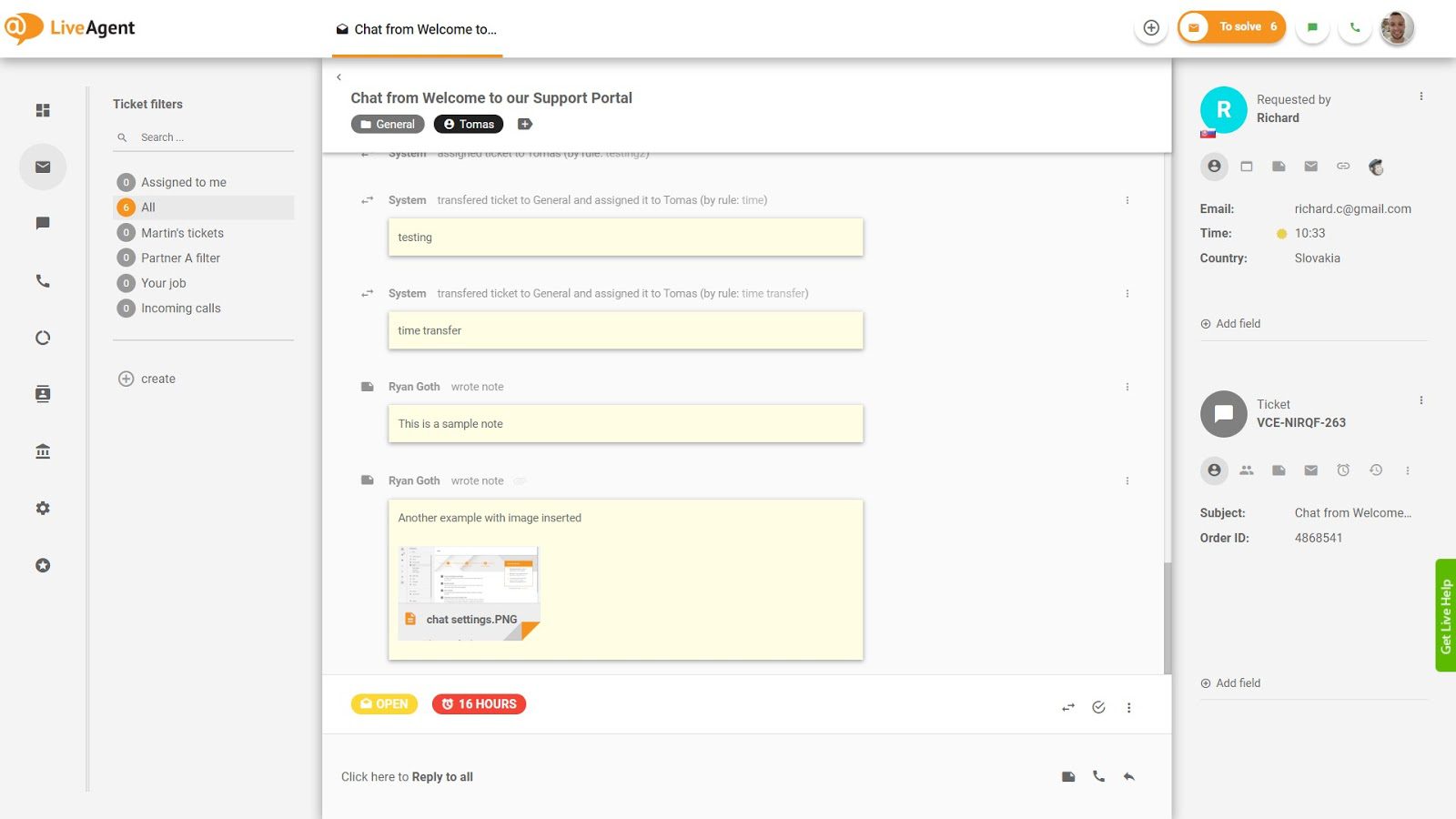 Przykład prywatnych notatek LiveAgent