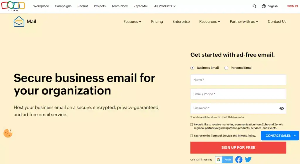 Zoho Mail home page, good email management software for businesses