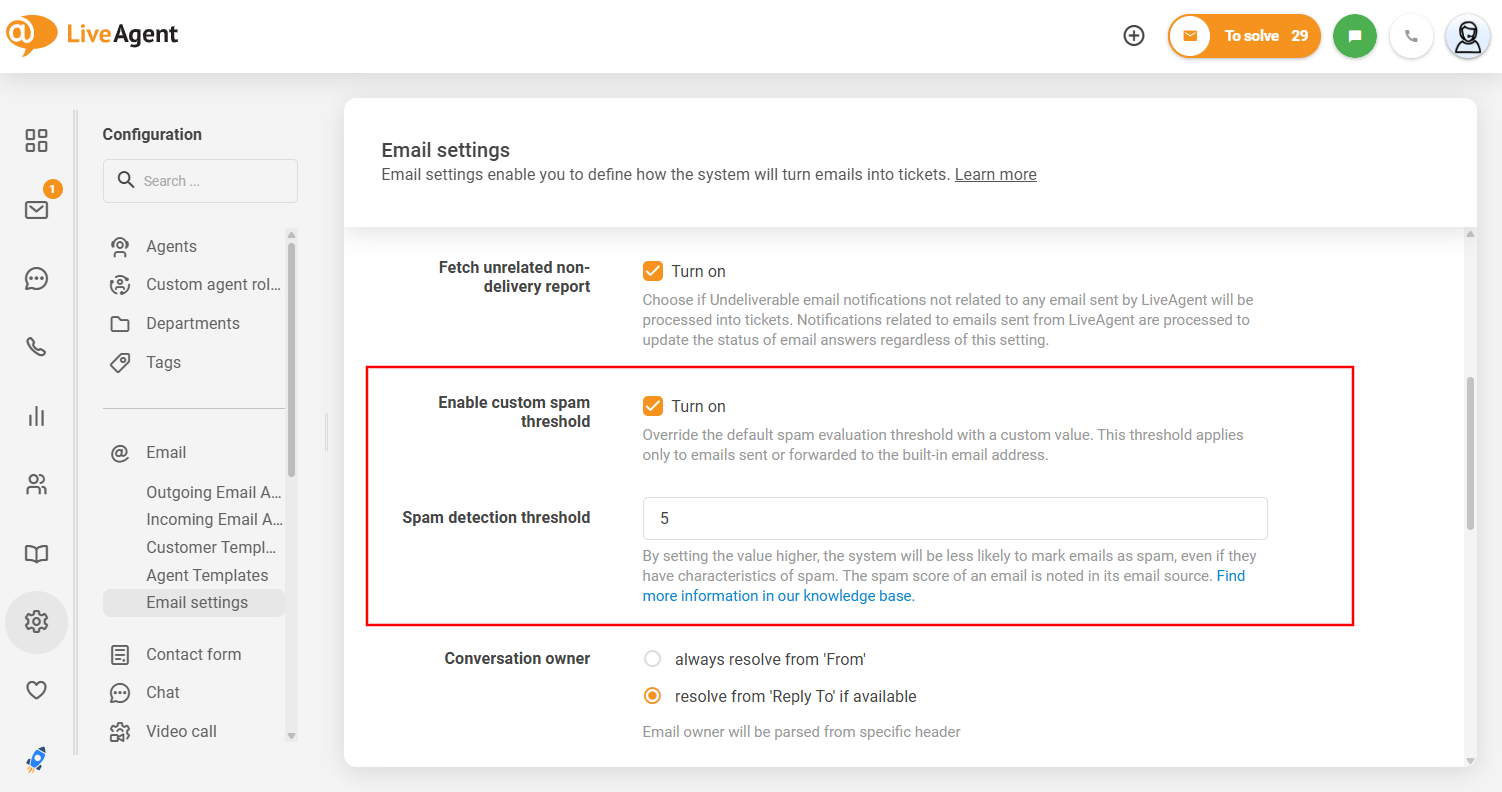 Interfejs konfigurowalnego progu spamu LiveAgent