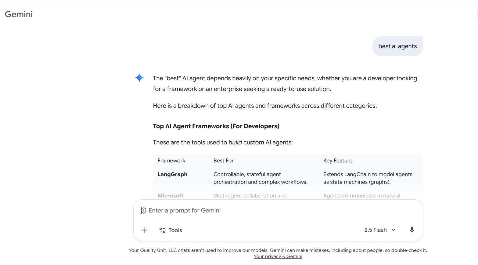 Okno interfejsu chatbota AI Google Gemini