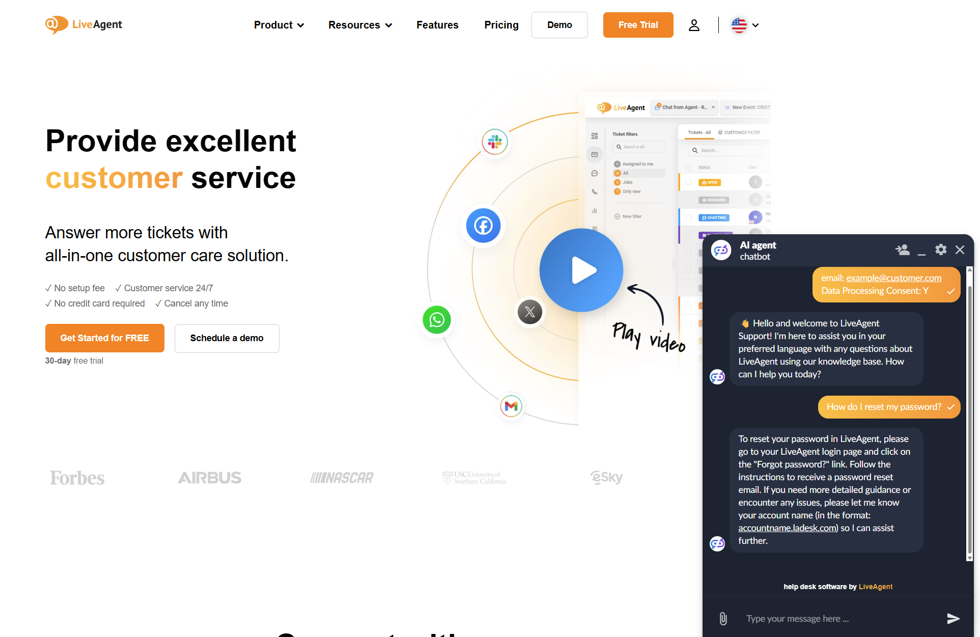 Rozmowa czatu chatbota AI LiveAgent na stronie LiveAgent