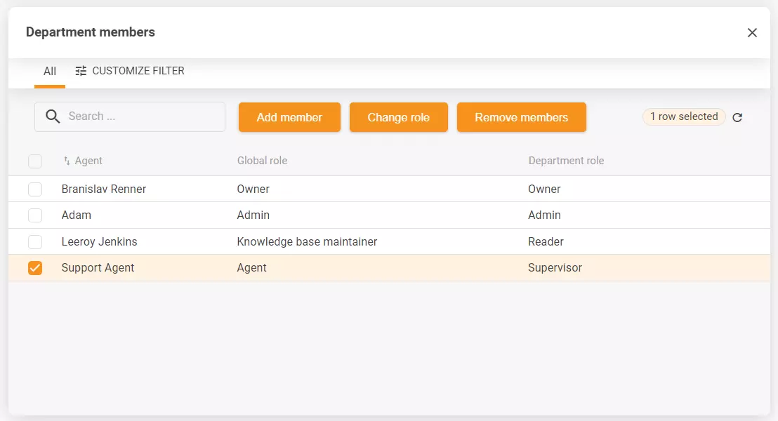 Zrzut ekranu ustawień departamentu zawierający wiele opcji konfiguracji