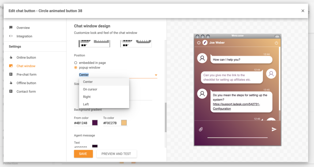 Funkcja okna popup LiveAgent