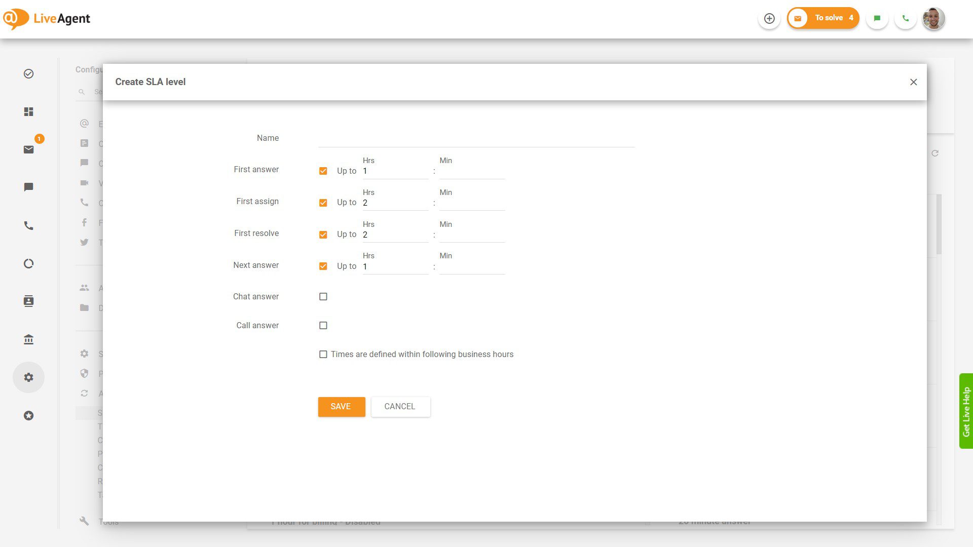 Utwórz poziom SLA w LiveAgent