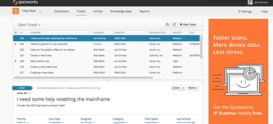 Bezpłatna usługa obsługi zgłoszeń Spiceworks