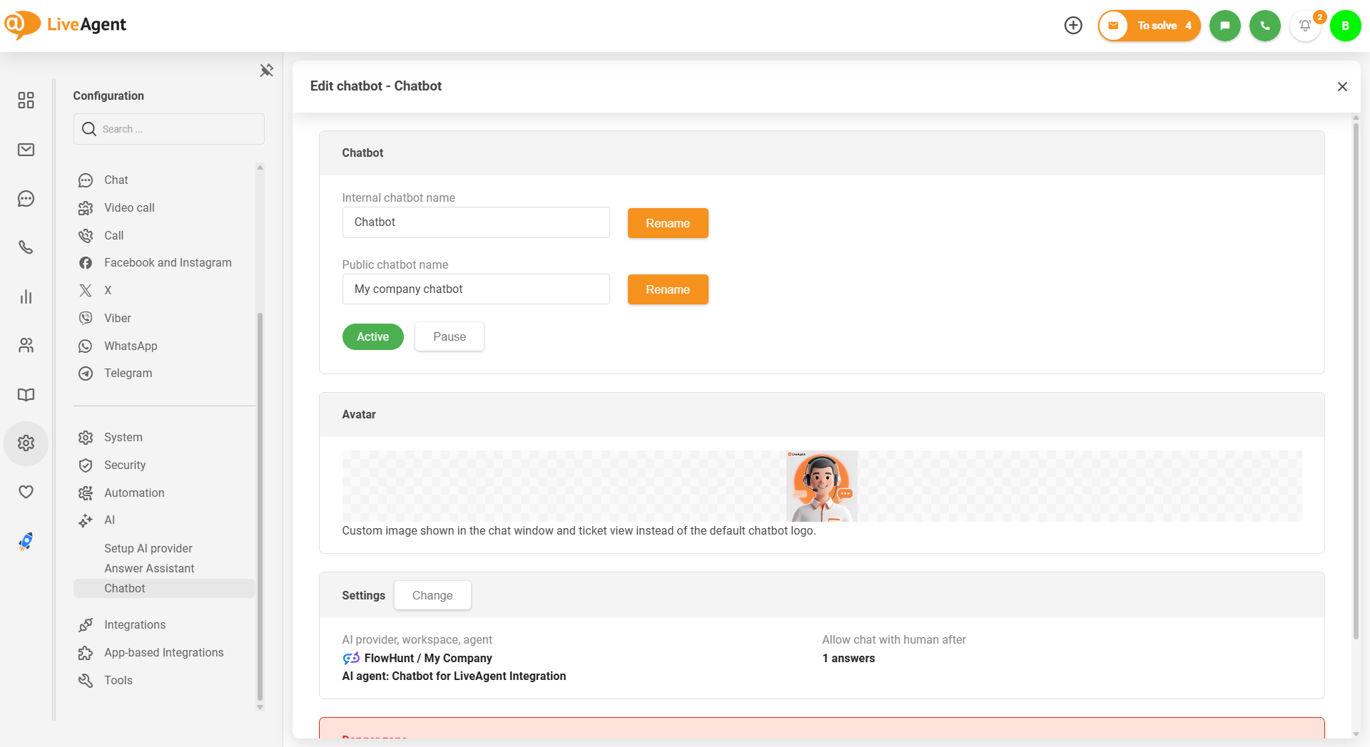Chatbot AI LiveAgent z przesłaniem niestandardowego obrazu awatara