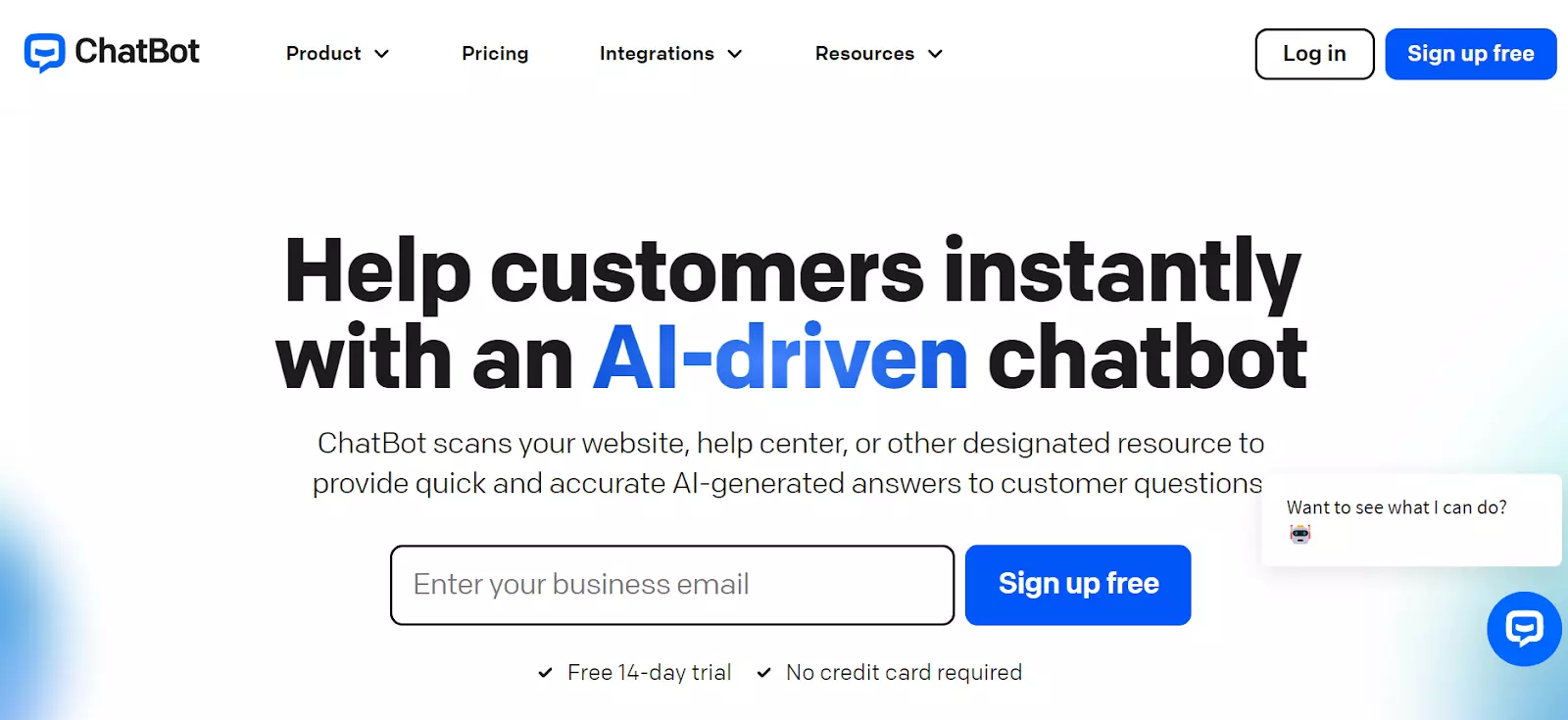 Zrzut ekranu strony głównej ChatBot - zapewniaj odpowiedzi generowane przez AI dzięki ich potężnemu chatbotowi