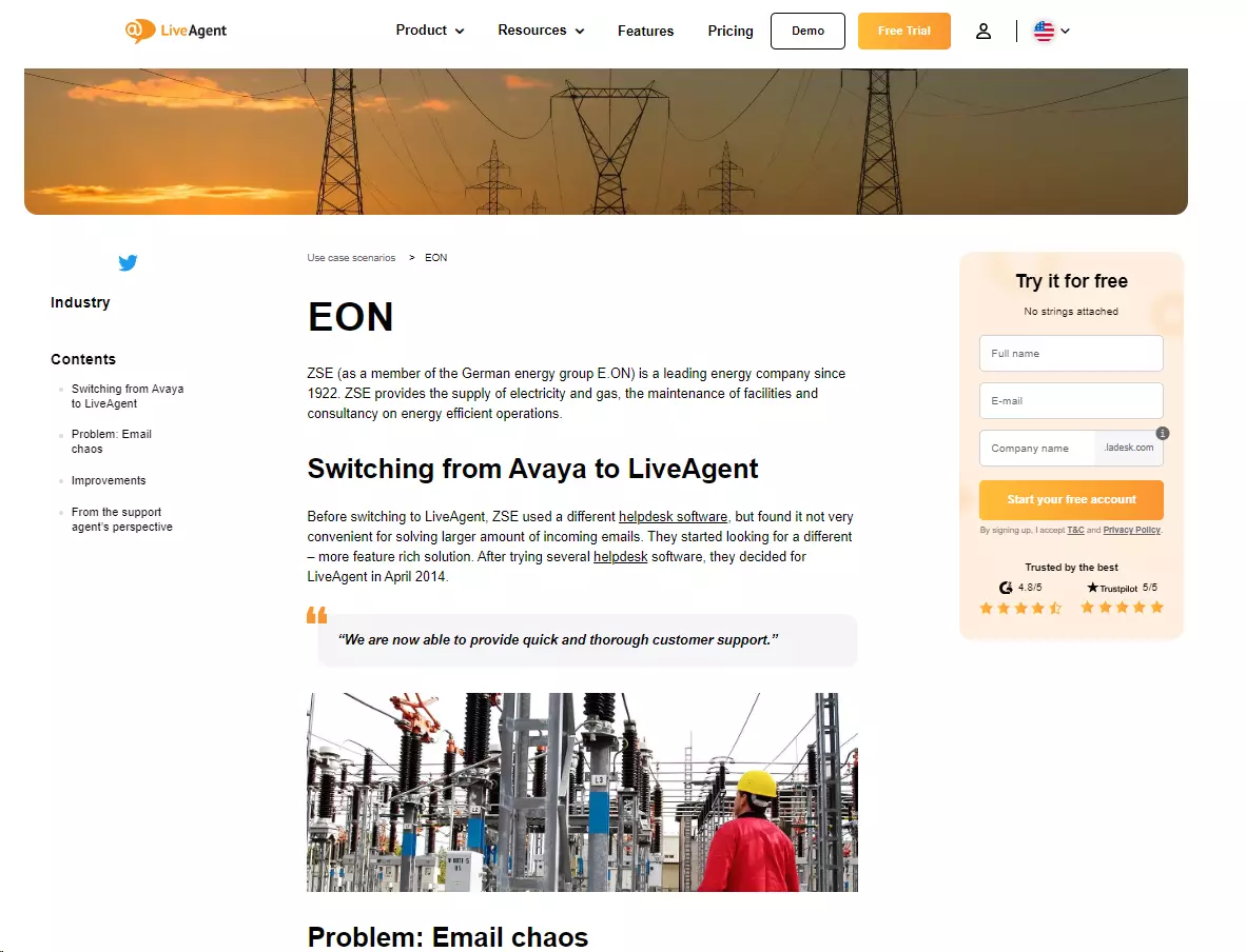 EON - firma energetyczna używająca LiveAgent do obsługi dużych wolumenów żądań klientów pochodzących z jednego kanału