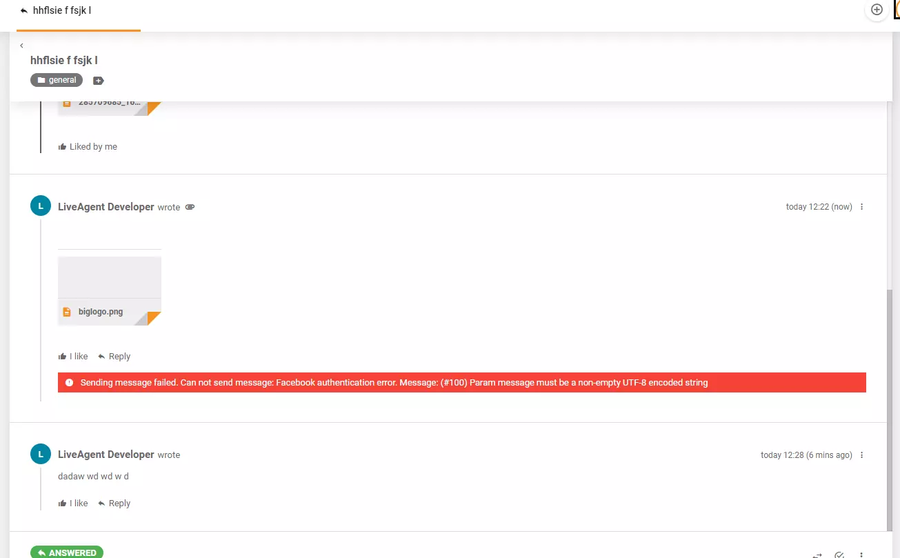 Komunikat o błędzie wyświetlany podczas publikowania obrazu na Facebooku za pośrednictwem LiveAgent