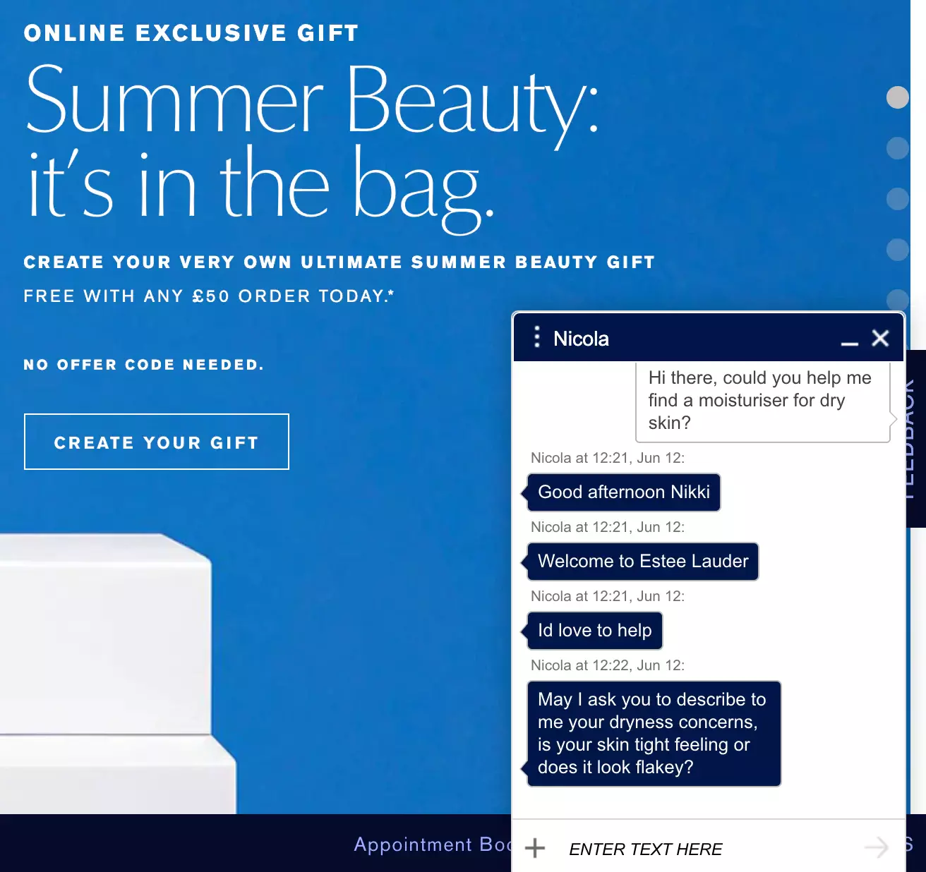 Przykład czatu na żywo Estee Lauder