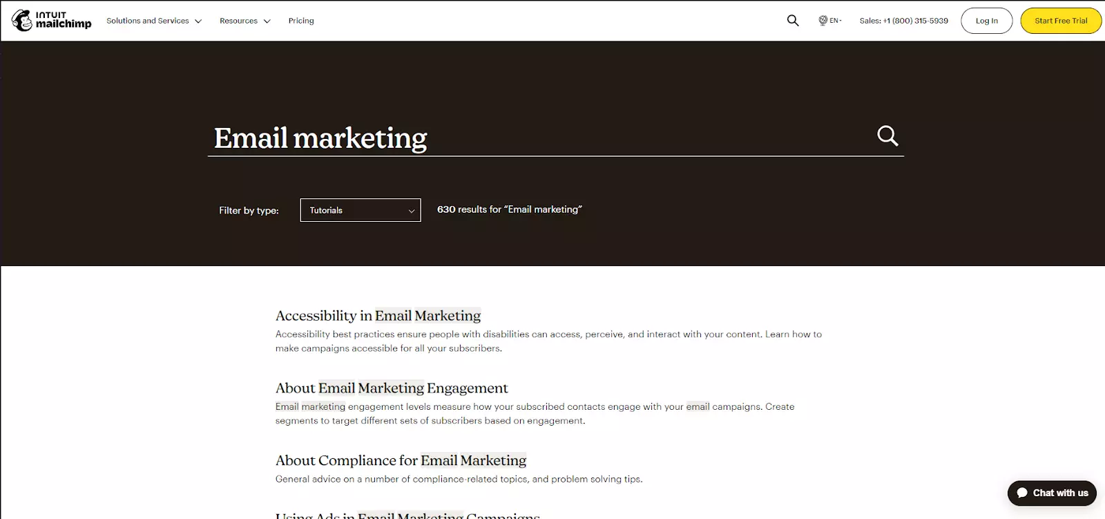Przykład funkcji wyszukiwania w knowledge base MailChimp