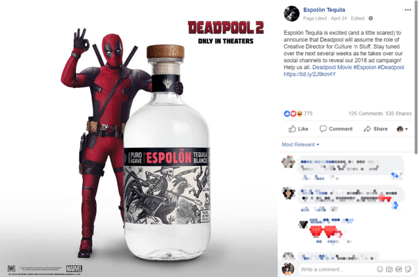 Ogłoszenie partnerstwa marki tequili z filmem Deadpool 2 na Facebooku