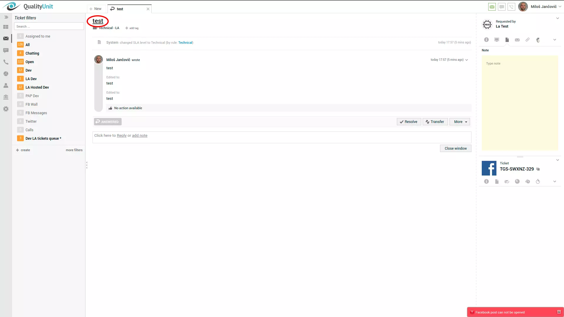 Błąd postu na Facebooku w prawym rogu interfejsu użytkownika LiveAgent