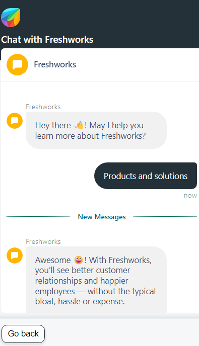 Obraz pokazujący rozmowę między klientem a chatbotem w Freshdesk