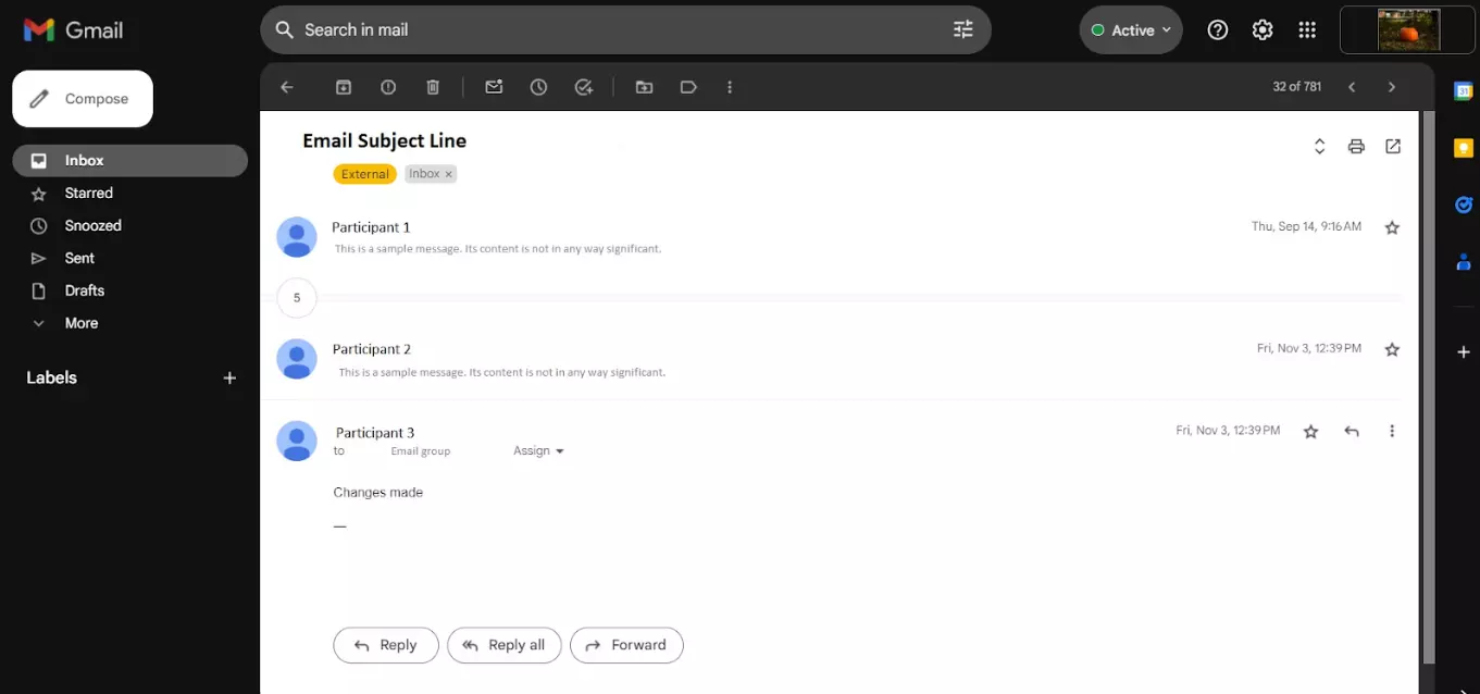 Przykład wątku e-mail między wieloma uczestnikami w ciągu pewnego okresu