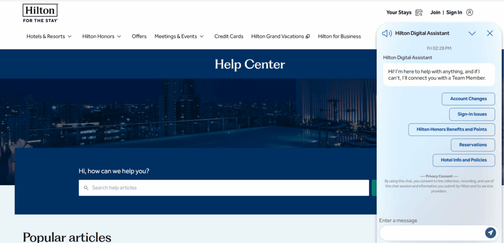Cyfrowy asystent Hiltona na stronie internetowej Hiltona