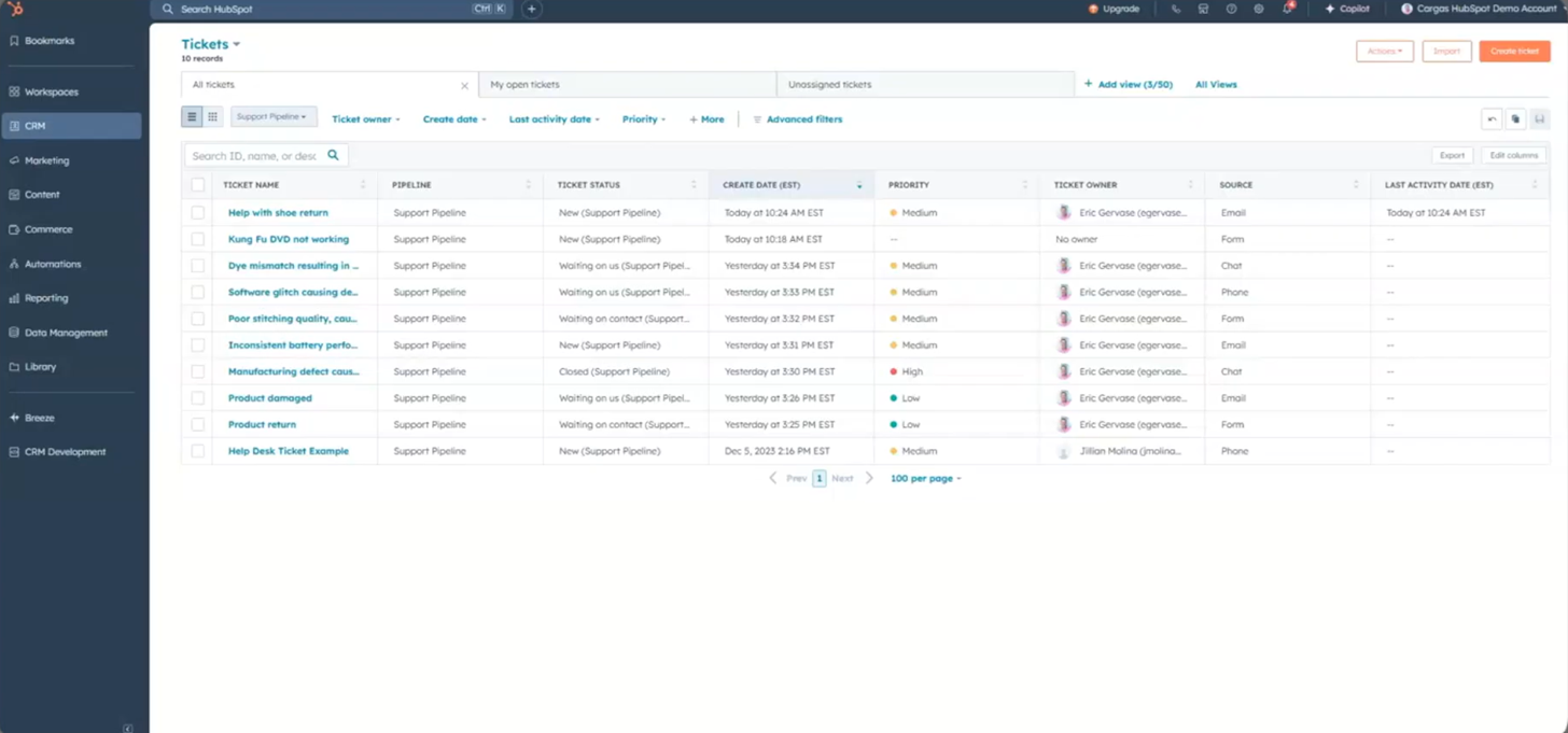 Darmowy plan HubSpot Service Hub – wspólna skrzynka odbiorcza ze zgłoszeniami klientów