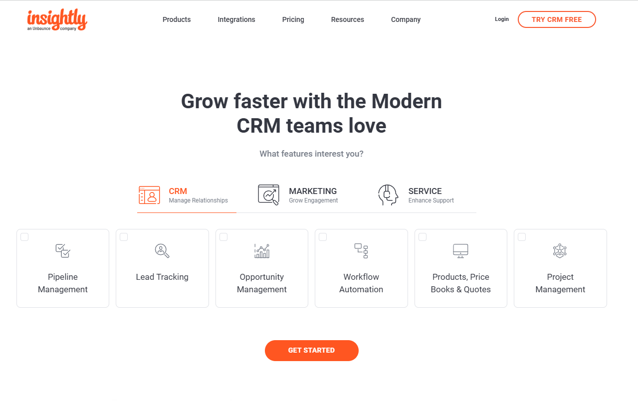Insightly CRM homepage screenshot