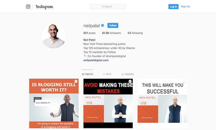 Neil Patel dzielący się wiedzą z zakresu marketingu cyfrowego na Instagramie