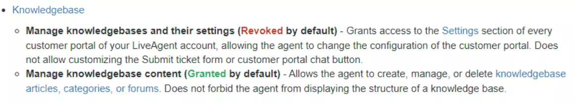 Obraz pokazujący przykłady różnych uprawnień, które użytkownicy mogą mieć w odniesieniu do ich bazy wiedzy