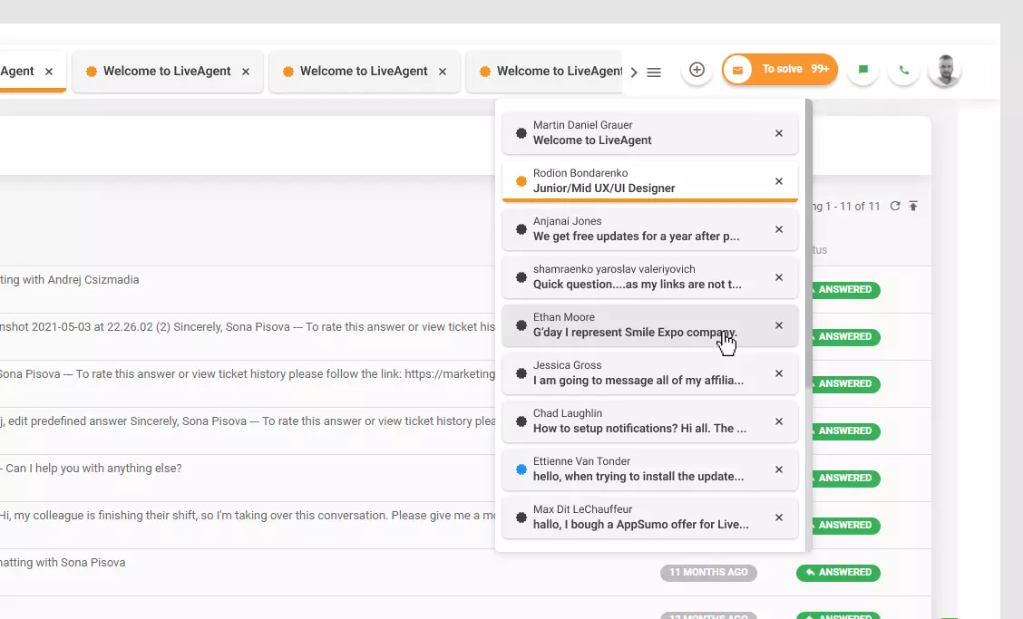 LiveAgent - Lista otwartych biletów