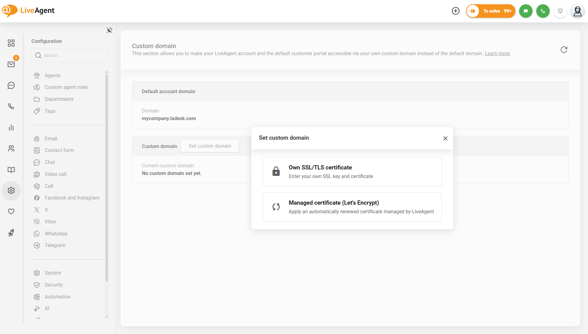 Ustawienia domeny niestandardowej LiveAgent z opcją zarządzanego certyfikatu Let's Encrypt