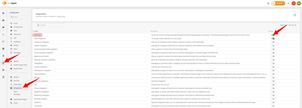 Proces włączania integracji z Nicereply w ustawieniach LiveAgent