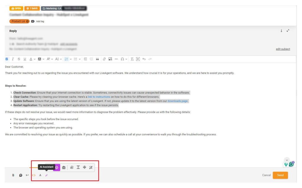 Asystent odpowiedzi AI LiveAgent