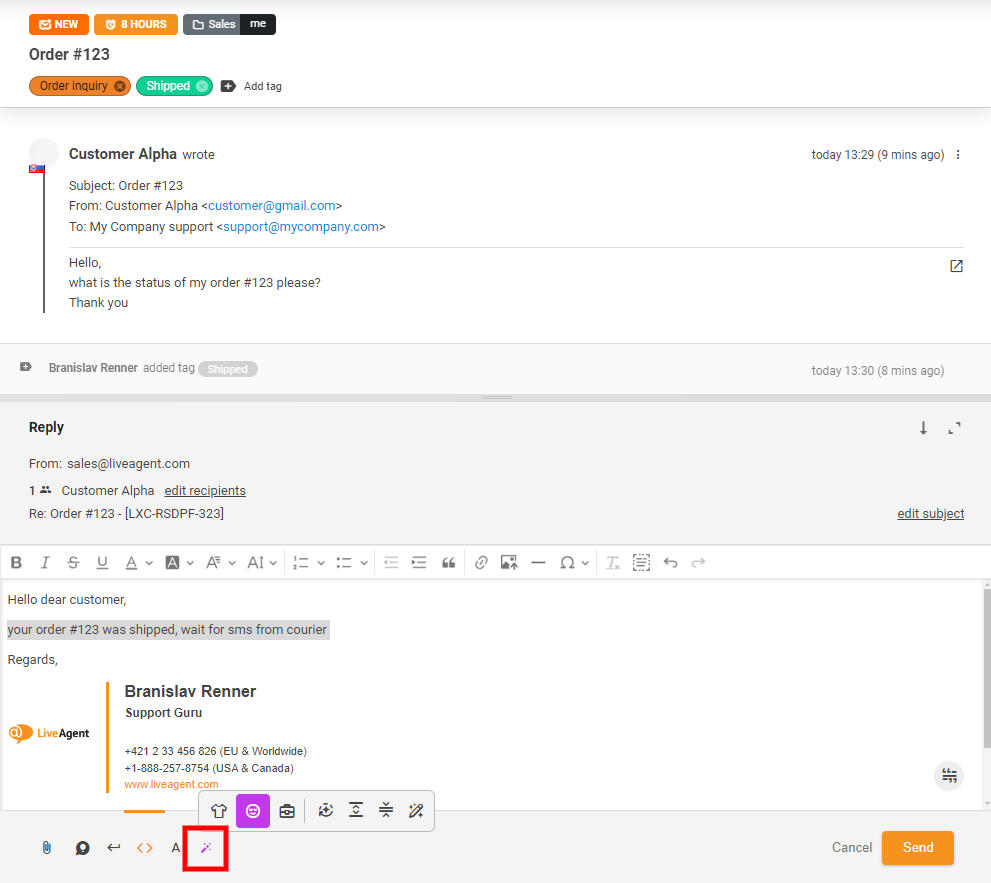 Zrzut ekranu przycisku Asystent AI Odpowiedzi w widoku czatu