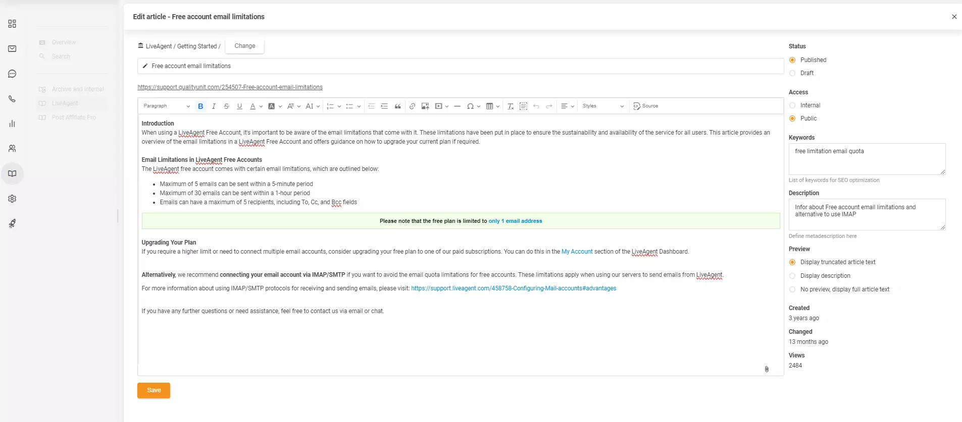 Edytor artykułów w LiveAgent