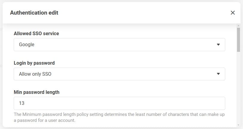 Ekran ustawień uwierzytelniania pokazujący opcję zezwolenia tylko na SSO w sekcji logowania hasłem