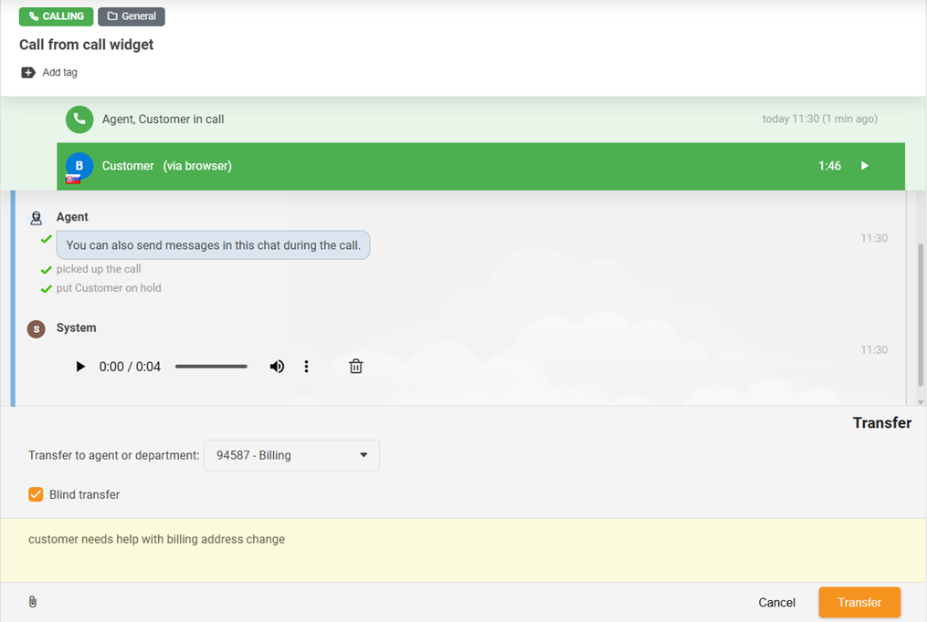 Funkcja transferu połączeń z dodaniem funkcji Ślepe transfery