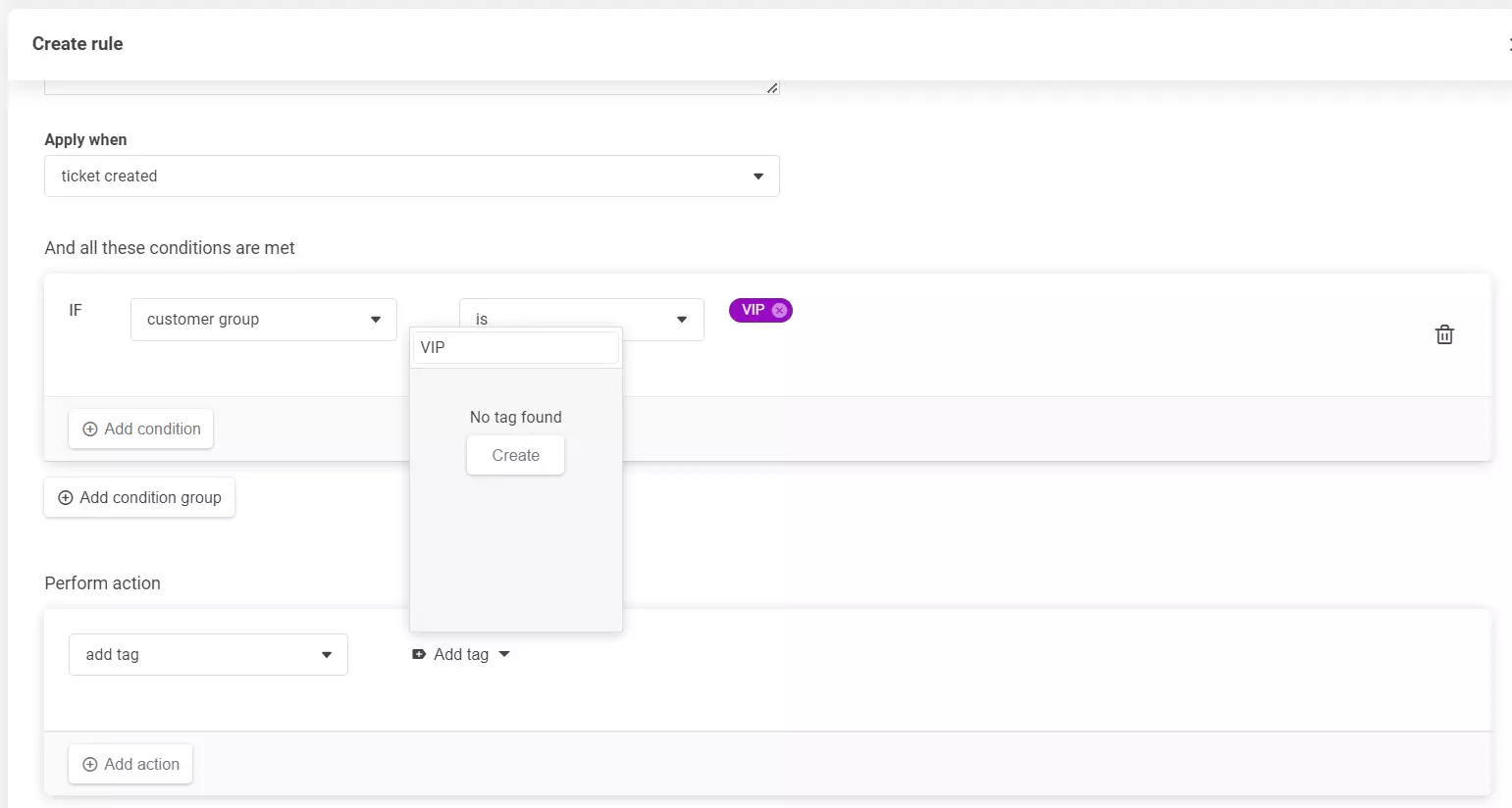 Zrzut ekranu sekcji tworzenia reguły, pokazujący sposób dodawania nowego tagu.