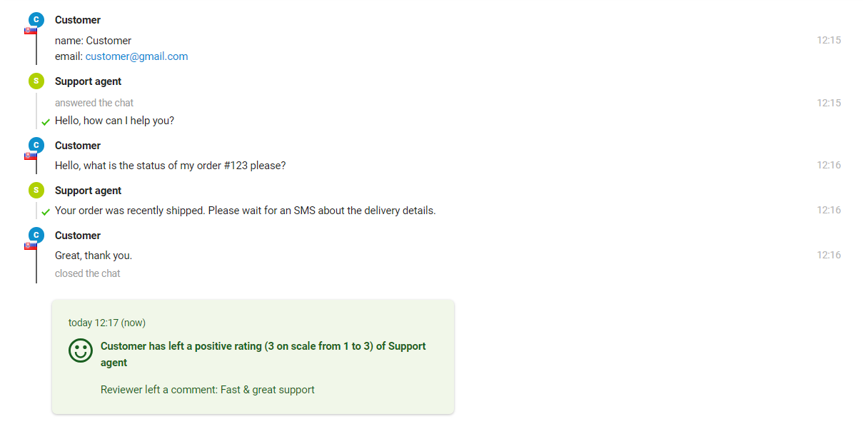 Obraz pokazuje interakcję między klientem a agentem wsparcia, gdzie agent może zobaczyć ocenę na koniec wiadomości