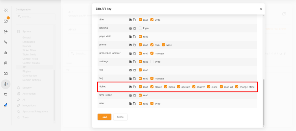 The Edit API key section in LiveAgent showing the new 'close' and 'change_state' permissions