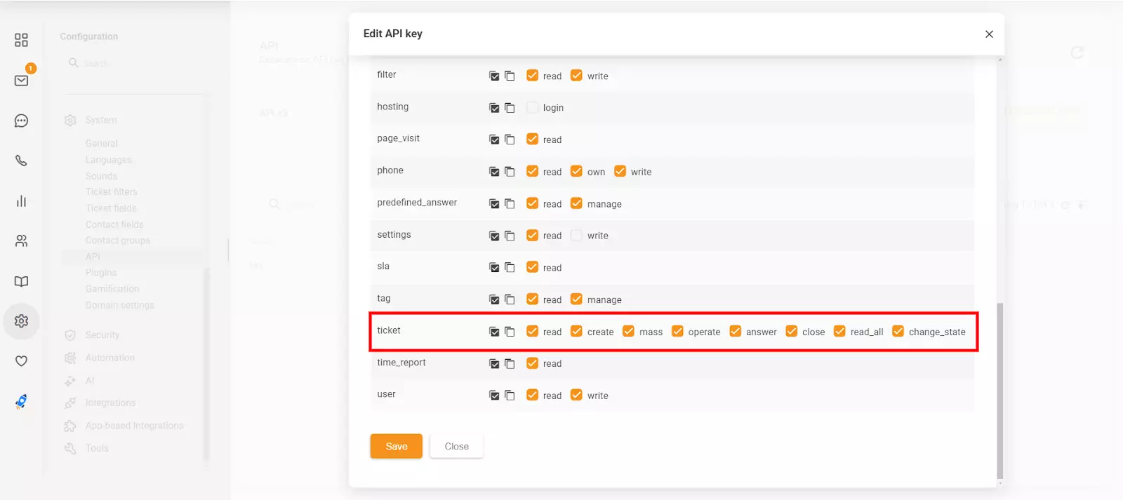 Sekcja Edytuj klucz API w LiveAgent pokazująca nowe uprawnienia 'close' i 'change_state'