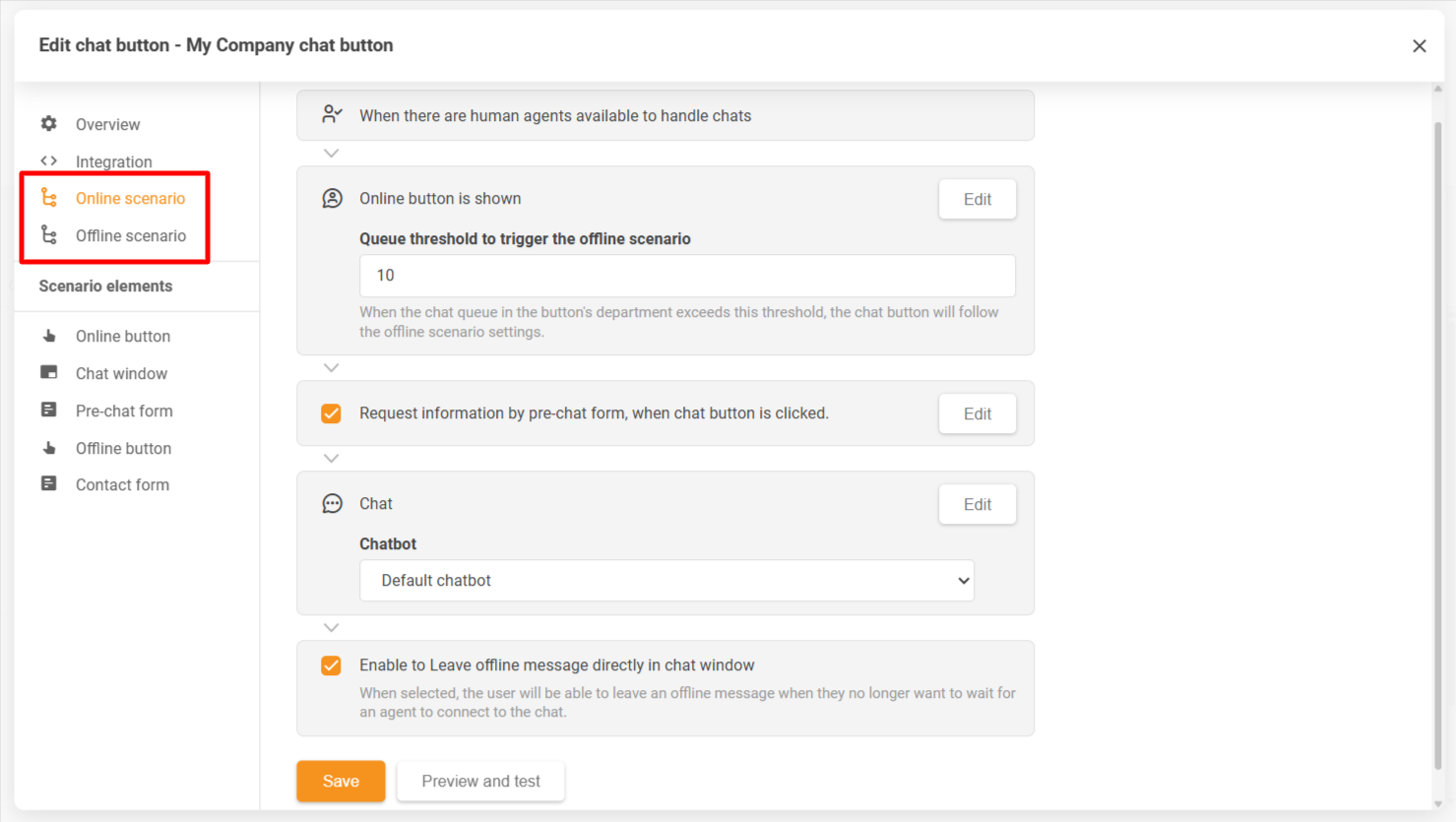 Okno konfiguracji przycisku czatu LiveAgent pokazujące scenariusze online i offline