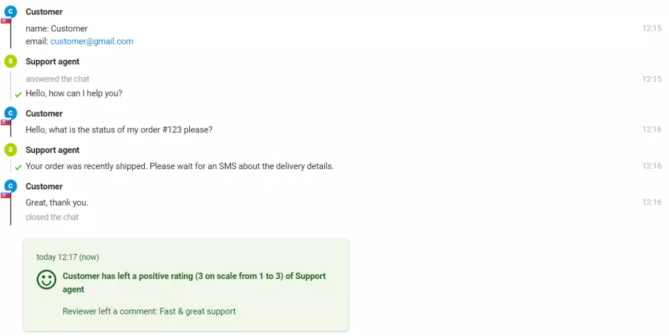 Obraz czatu z klientem, który pozostawił pozytywną ocenę.