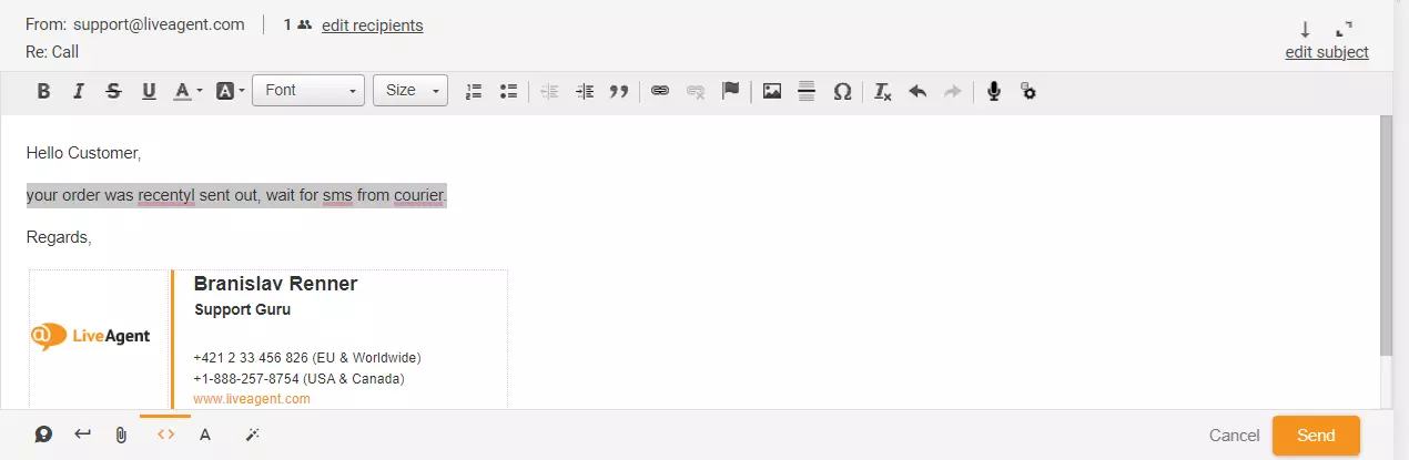Zdjęcie pokazujące wyróżnioną odpowiedź na zgłoszenie w LiveAgent