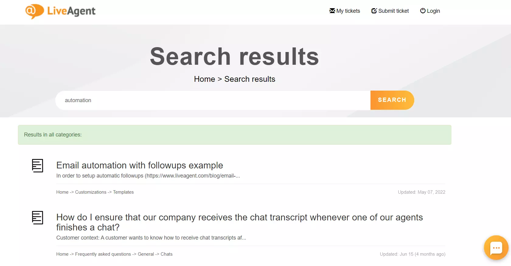 Funkcja wyszukiwania bazy wiedzy LiveAgent